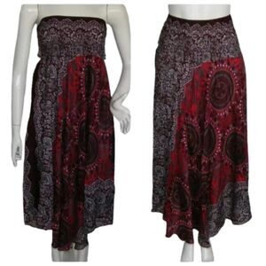 BANJAMATH Midi Skirt/Dress, L, Reds, Smocked waist, scarf ties, Longer, Paisley